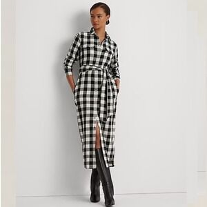 Lauren Ralph Lauren Buffalo Check Belted Twill Shirtdress Black White Womens 4